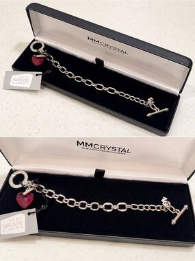 Silver Chain Bracelet with Red Heart Crystal Charm